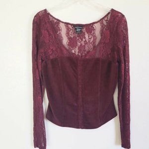 Moda International Burgundy Corduroy and Lace Top